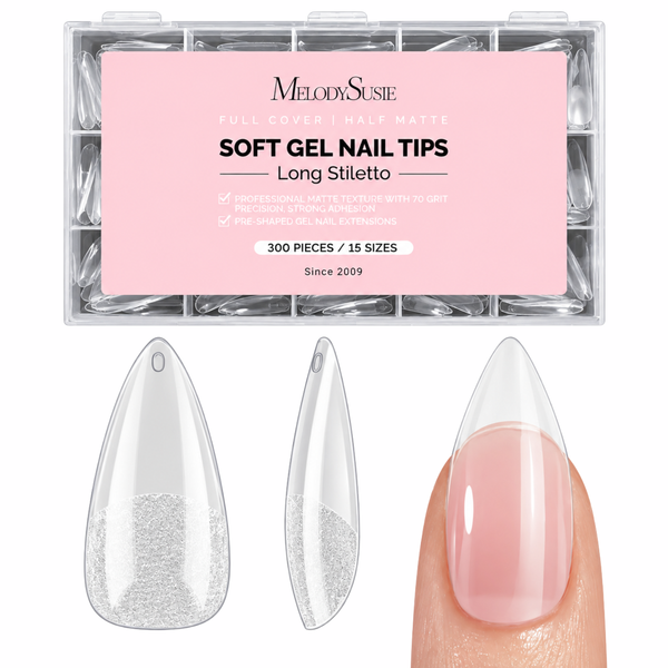 Full Cover Soft Gel Nail Tips Long Almond Stiletto 300pcs