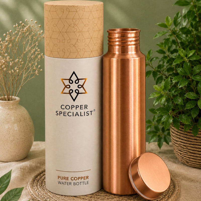 Ayurveda Specialist Pure Copper Water Bottle Straight Model Matte Brushed, koperen waterfles