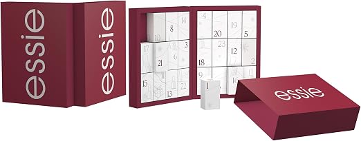 Bordeauxrode omdoos met deksel naast de opengeklapte adventskalender