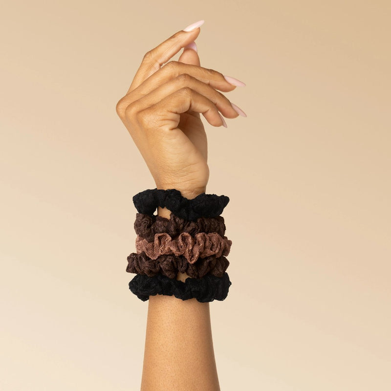 Kitsch Ruched Lace Scrunchies Set Black Chocolate & Mocha