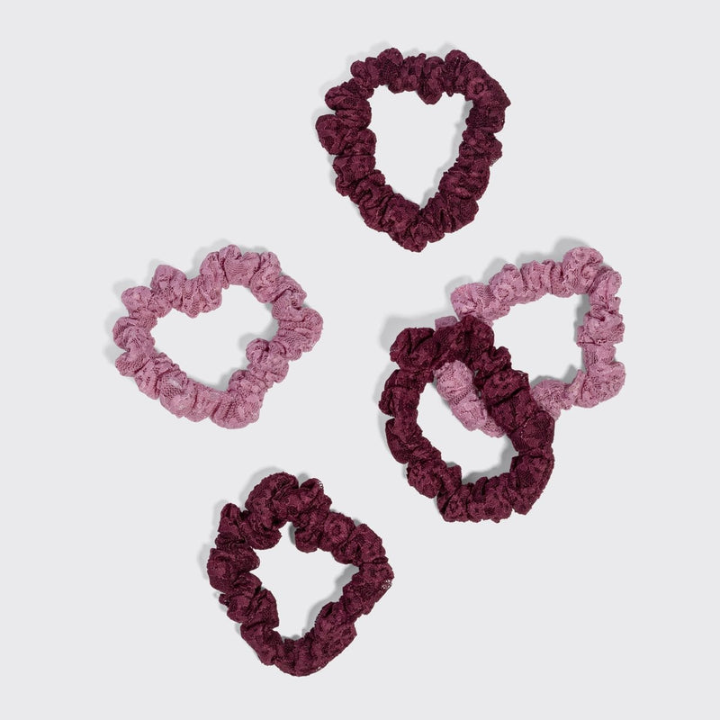 Kitsch Ruched Lace Scrunchies Set Cherry Lacquer & Dusty Pink