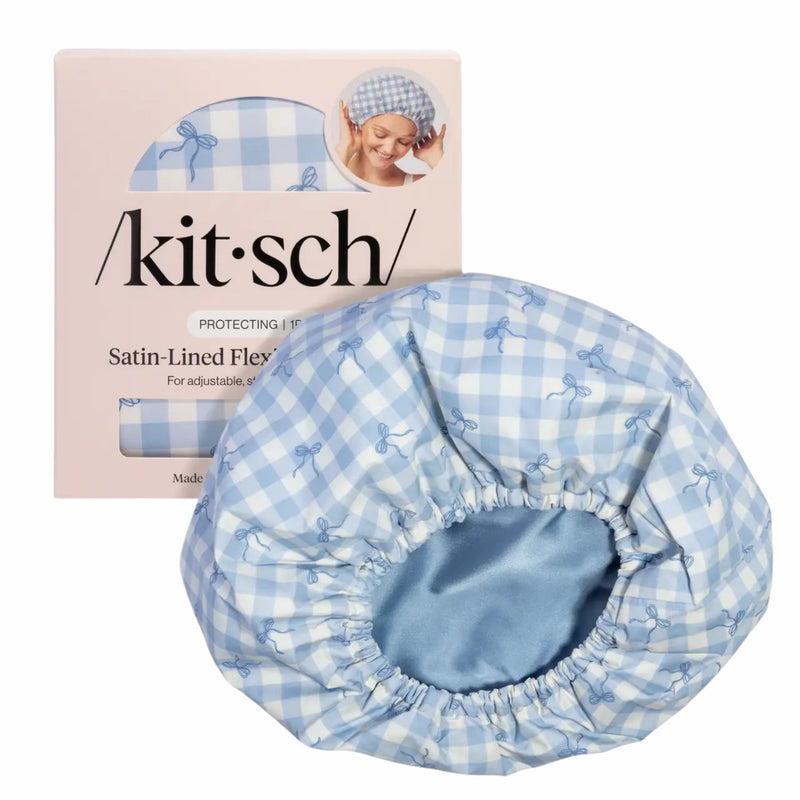 Kitsch Satin Lined Flexi Shower Cap Gingham Blue