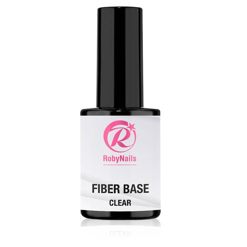 Flesje RobyNails Fiber Base Clear met wit etiket en zwarte dop