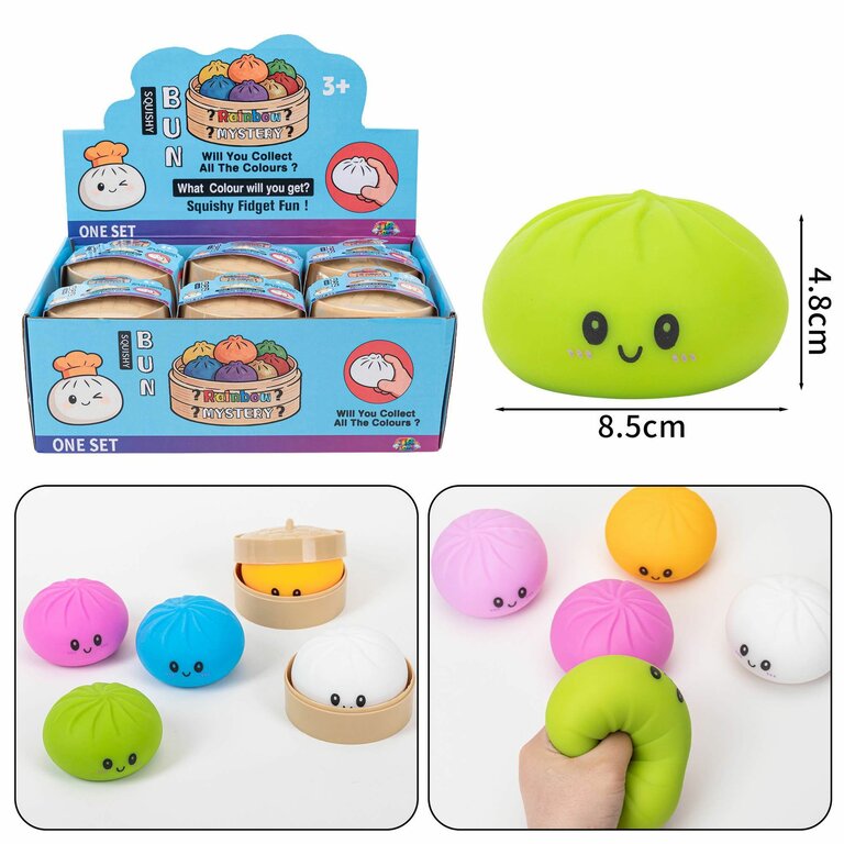 Mystery Dumpling Squishy, klassieke zachte dumpling squishy in displayverpakking.