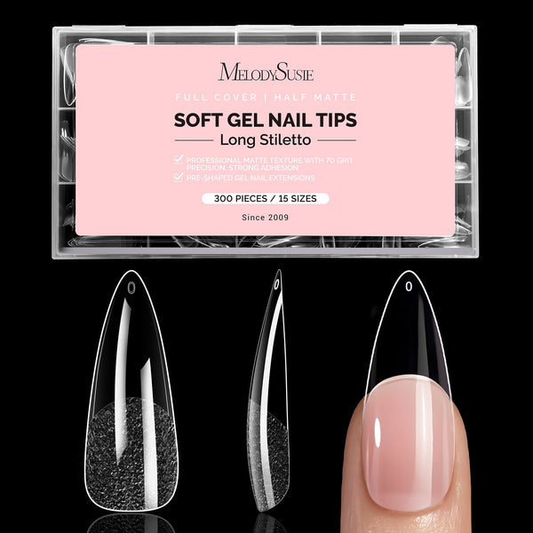 Heldere half matte nageltips in long almond stiletto, 300 stuks in 15 maten