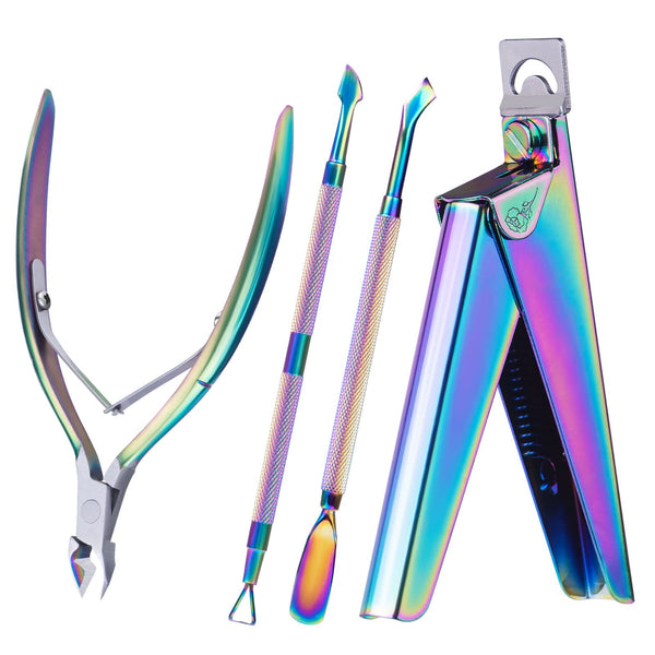 Nagelknipperset 4 in 1 in regenboogkleur, met tipknipper, nagelriemtang, bokkenpootje en schraper