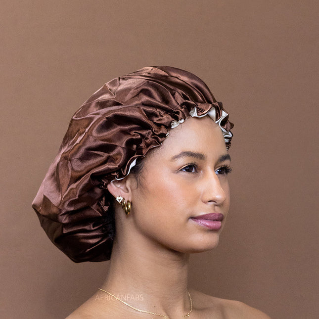 African Fabs Chocolate Brown Satin Hair Bonnet Reversable