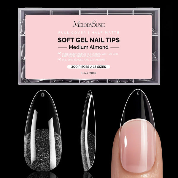 Heldere half matte nageltips in medium almond, 15 maten