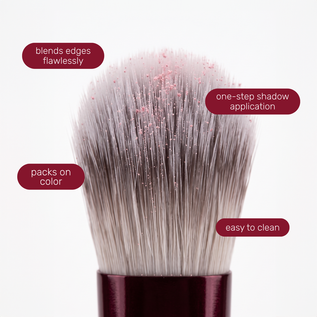 Kwastkop van de Boozyshop Flawless Blending Shader Brush met tekstlabels over het gebruik