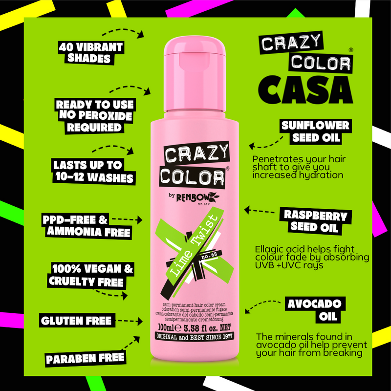 Crazy Color 68 Lime Twist, semi-permanente haarverf in felgroen, foto 6 van 8