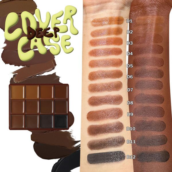 Made By Mitchell Cover Case Foundation Palette Deep, swatches van de 12 tinten D1 tot en met D12.