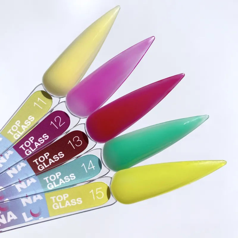 Lunamoon Top Glass Nr14, gekleurde gellak topcoat zonder plaklaag voor langdurige glans.