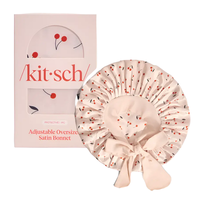 Kitsch Adjustable Oversized Satin Bonnet Cherry Print
