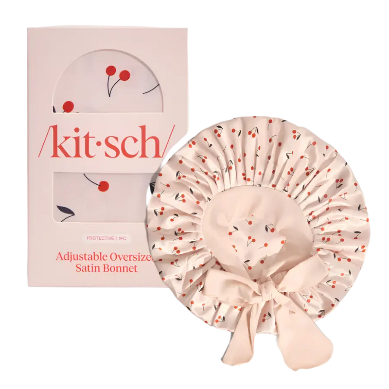 Kitsch Adjustable Oversized Satin Bonnet Cherry Print