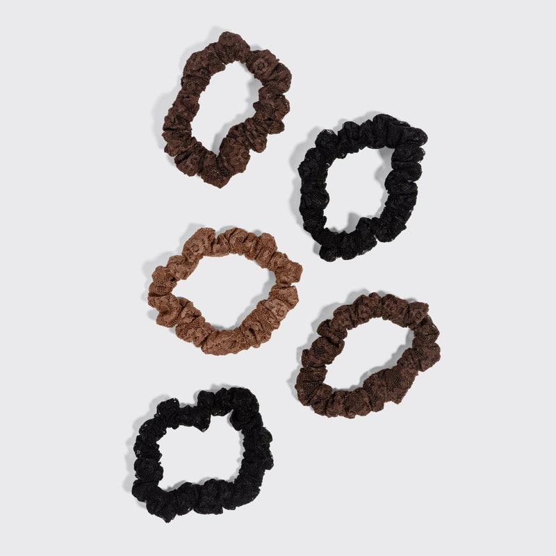 Kitsch Ruched Lace Scrunchies Set Black Chocolate & Mocha