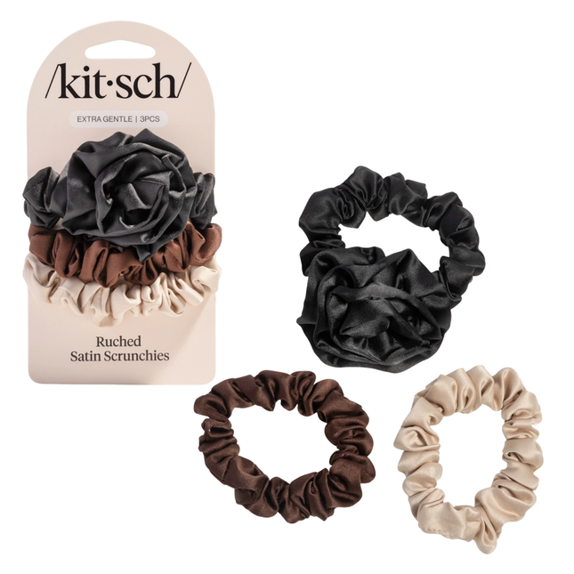 Kitsch Ruched Satin Scrunchies Set Black