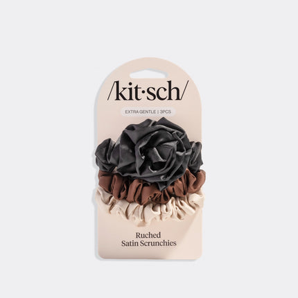 Kitsch Ruched Satin Scrunchies Set Black