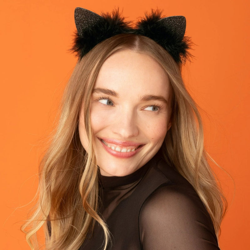 Kitsch Satin Cat Ears Headband Black Glitter