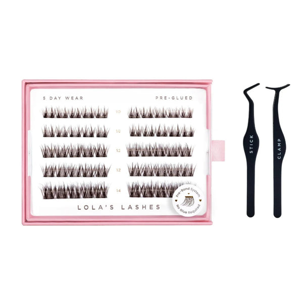 Lola's Lashes Soft Definition Brown Pre Glued Lashes Set, voorgelijmde wimperclusters in donkerbruin met applicator