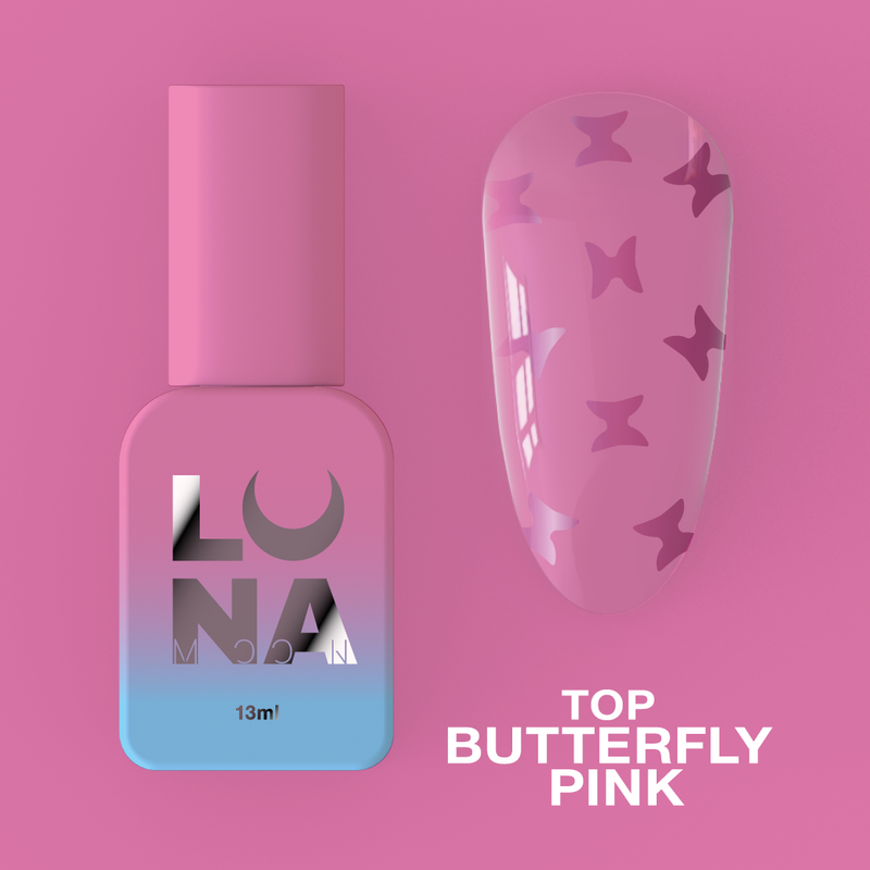 Lunamoon Top Butterfly Pink, gellak top coat met roze vlinderglitters