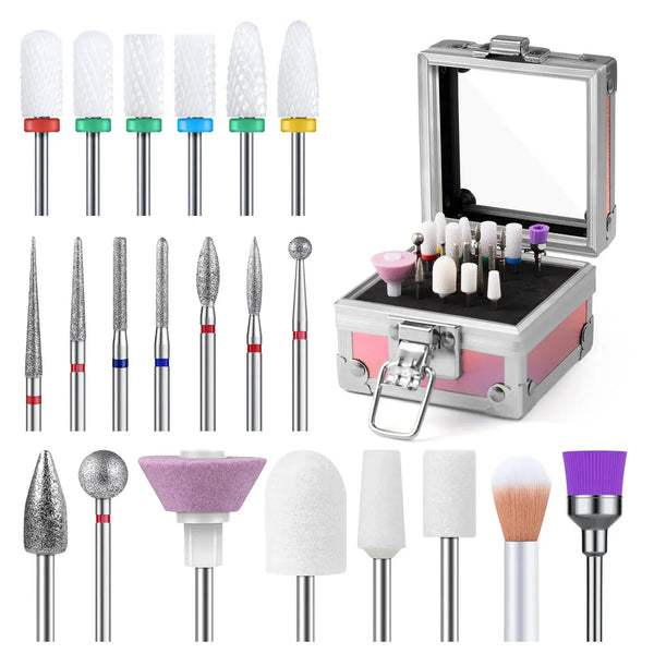 MelodySusie Ceramic Diamond Carbide Nail Drill Bits with Portable Holder Case 21Pcs