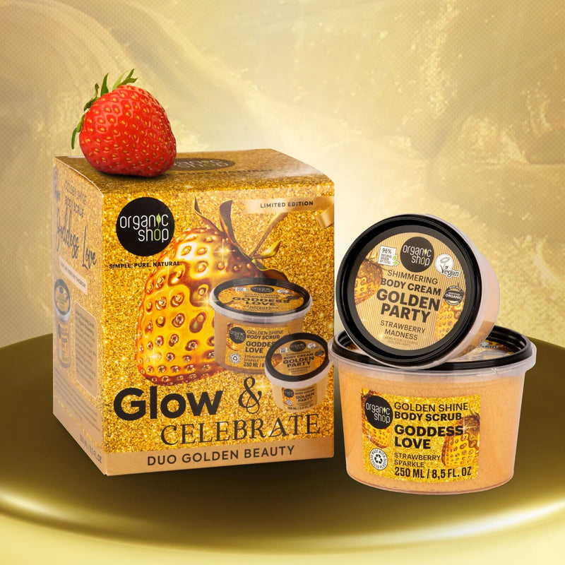 Organic Shop Glow & Celebrate! Golden Beauty Set met body scrub en shimmering cream