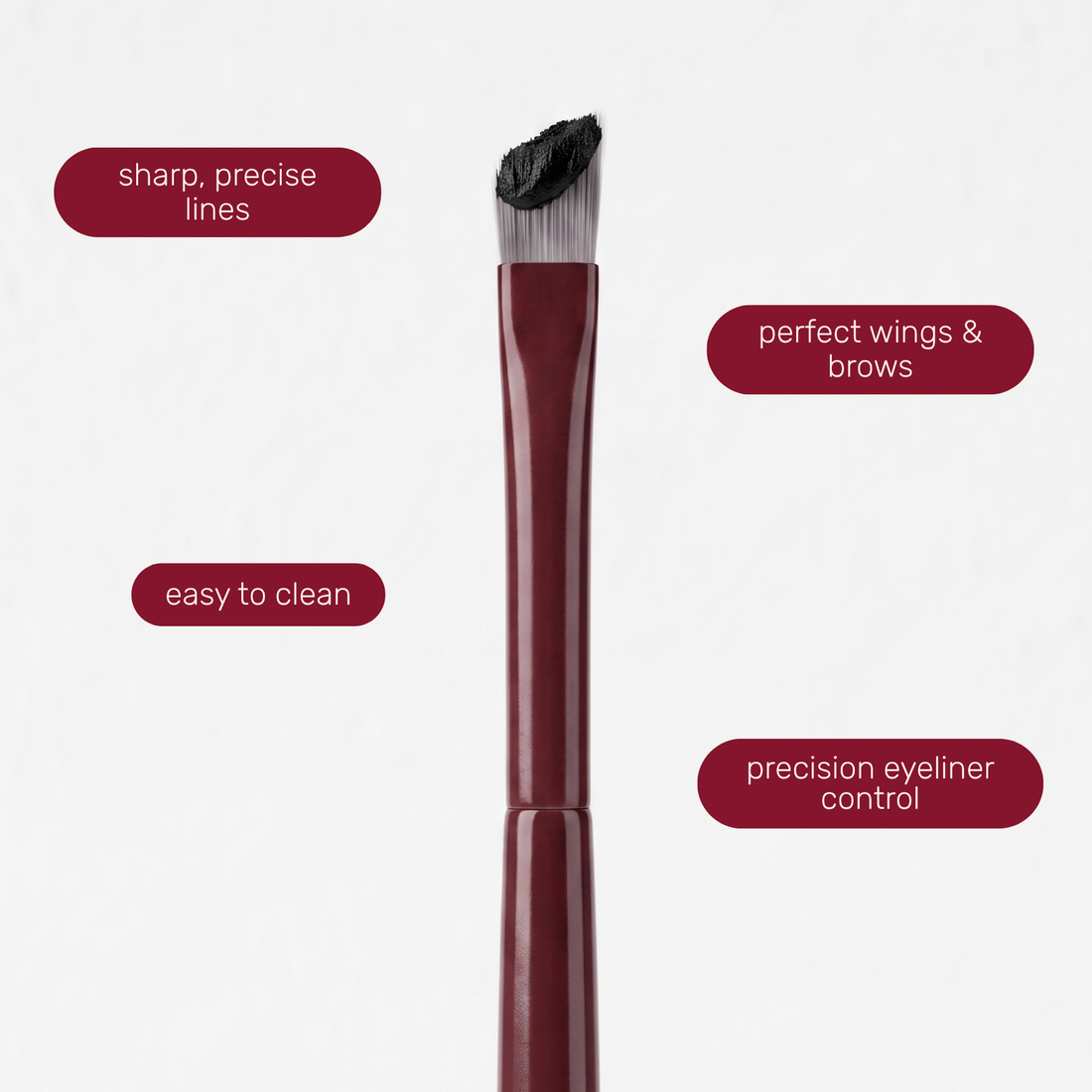 Kwastkop van de Boozyshop Flawless Precision Angle Eye Brush met tekstlabels over het gebruik