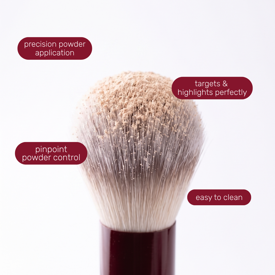 Kwastkop van de Boozyshop Flawless Precision Powder Brush met tekstlabels over het gebruik