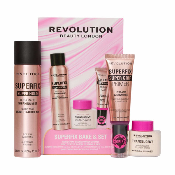 Revolution Superfix Bake & Set, make-up set met primer, poeder en fixing spray