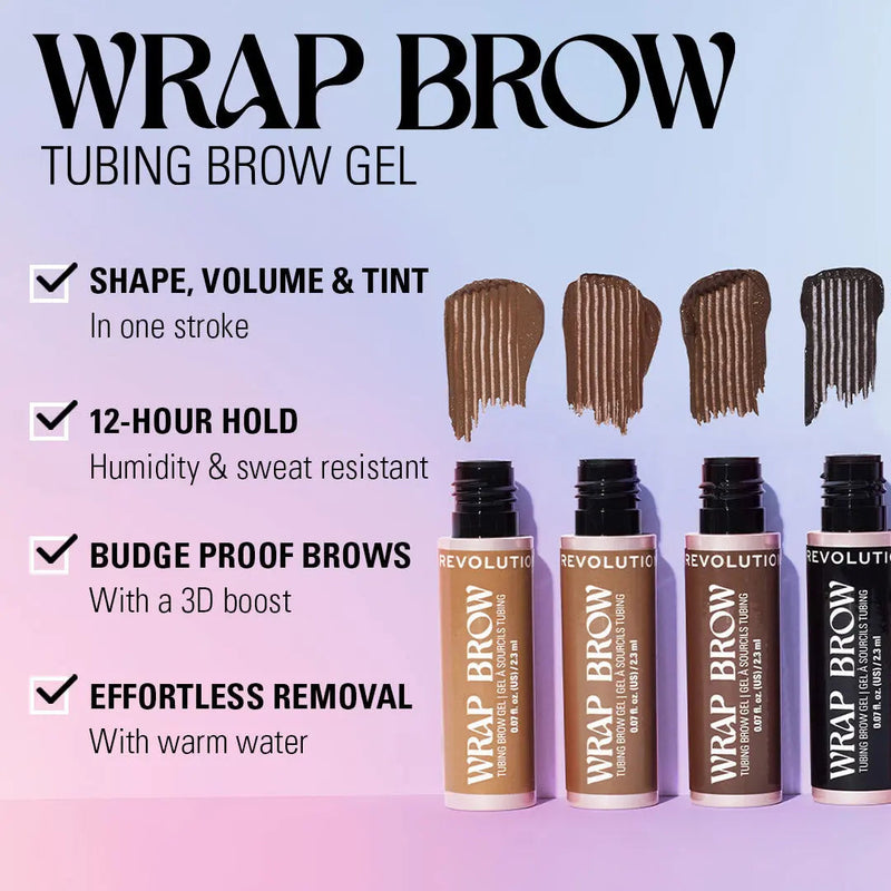 Revolution Wrap Brow Ebony Black, tubing wenkbrauwgel in de kleur zwart