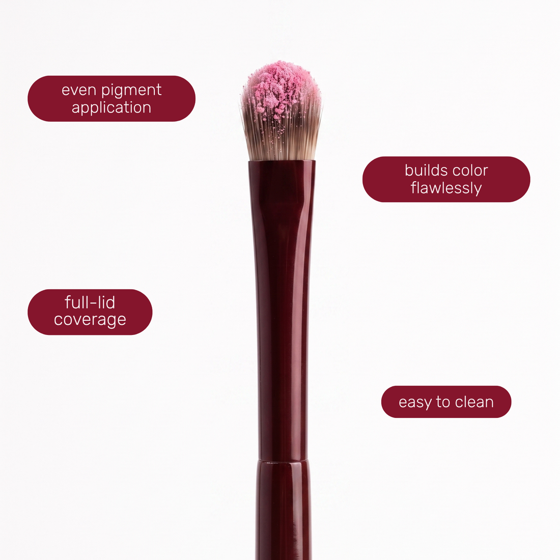 Kwastkop van de Boozyshop Flawless Shader Brush met tekstlabels over het gebruik