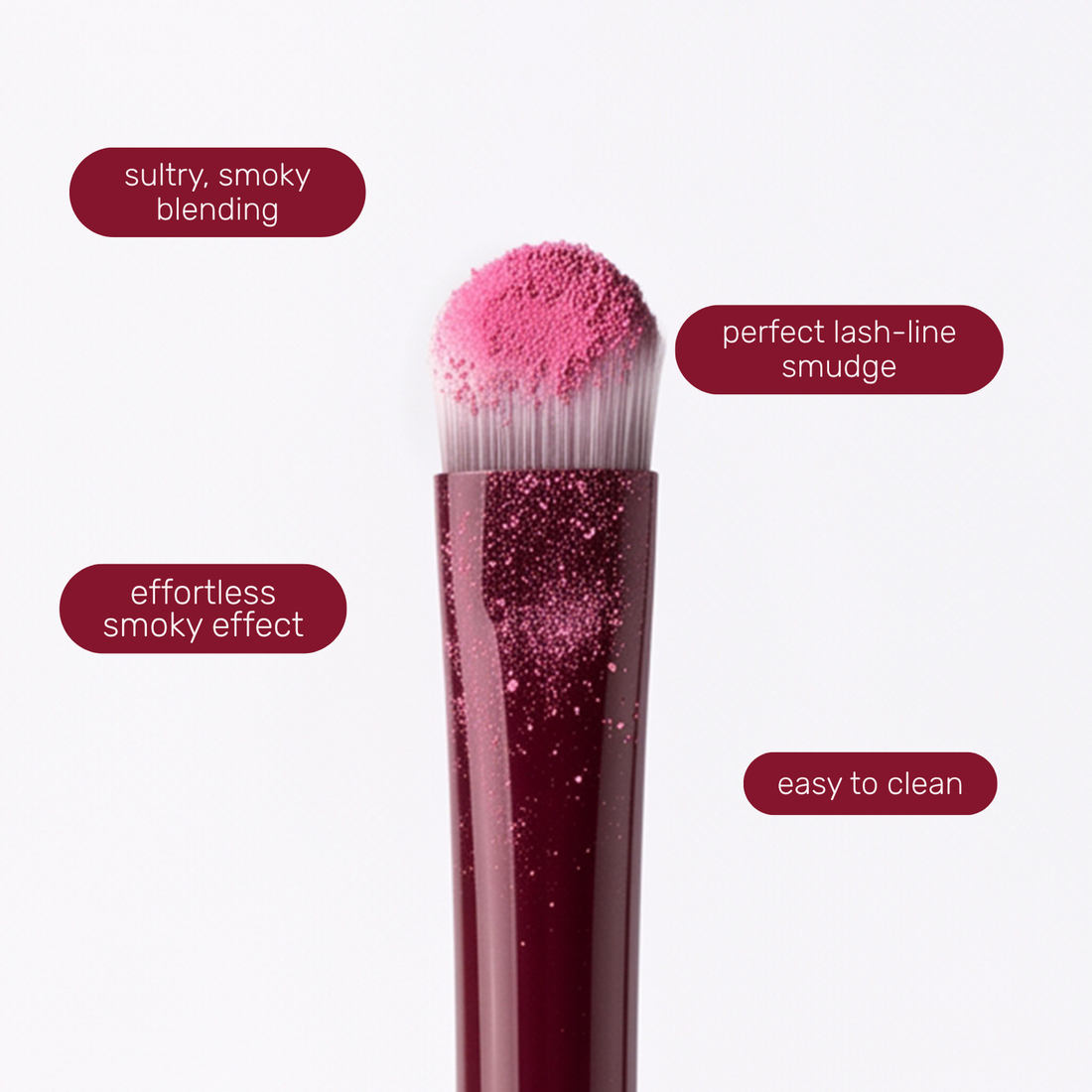 Kwastkop van de Boozyshop Flawless Smudge Brush met tekstlabels over het gebruik