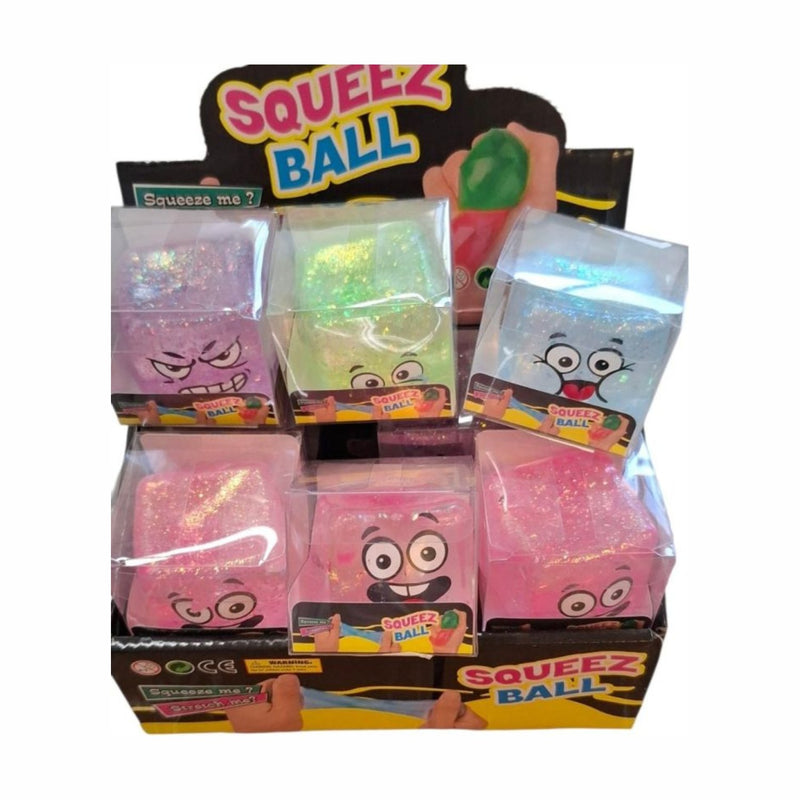 Squishy Mystery Sugar Glitter Cube Smiley Squishy, kubusvormige stressbal met glitter en smiley