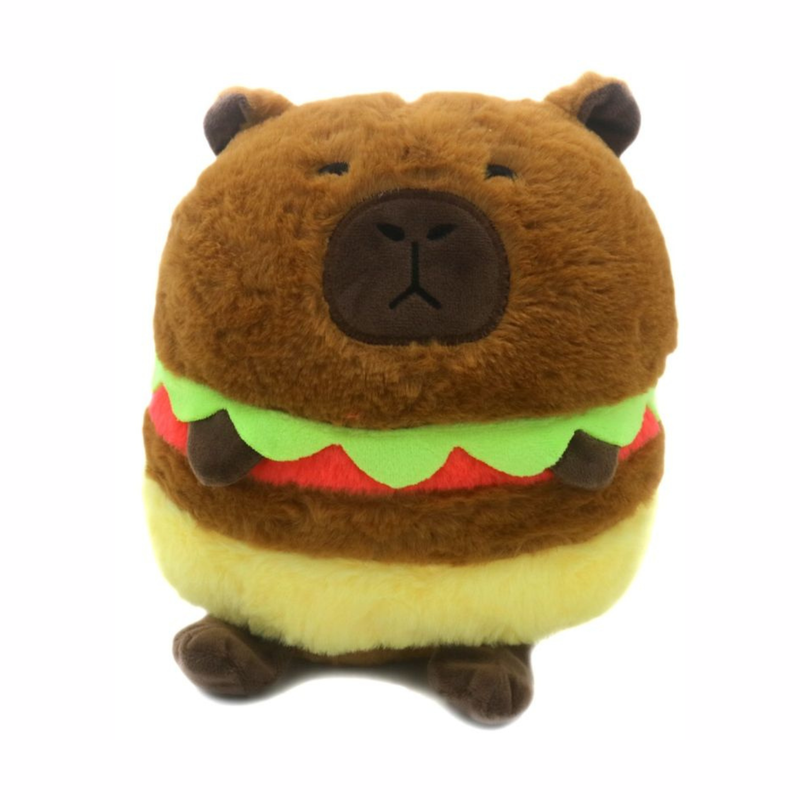 Squishy Plush Capybara Hamburger, een pluchen squishy in de vorm van een capybara als hamburger.
