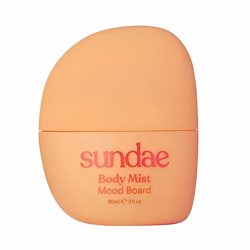 Sundae Body Mist Moodboard, fruitige en flirty body mist met zwarte bes, perzik en amber.